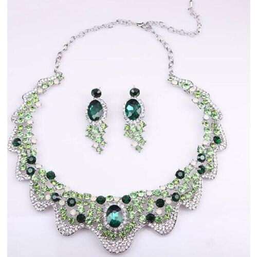 Luxury Green Crystal Jewelry Set Rhinestone Statement Necklace Earrings Sets Choker Women Bridal Wedding Party Accessories Gifts