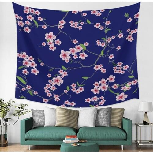 Pink Sakura Flower Purple Background Wall Tapestry Cover Beach Towel Picnic Yoga Mat Home Decoration