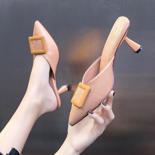 2020 New Fashion Women Pointed Toe Slipper Nude Black Thin High Heels Outsides Ladies Slides Luxury Brand Beach Mules Shoes