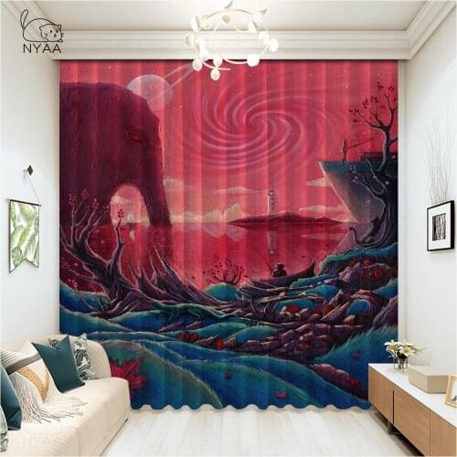 Modern Oil Black & White Elephant Painting Curtain Home Printed Curtains For Kitchen Hotel Office Curtain Drapes Micro Shading