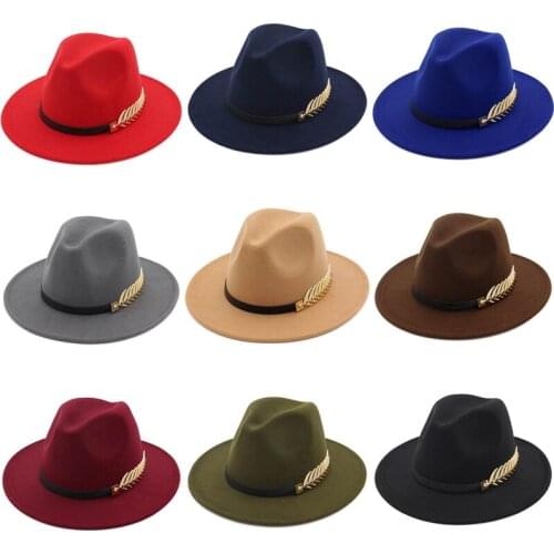 Unisex shallow top woolen hat British style gold leaf feather jazz large-brimmed felt hat