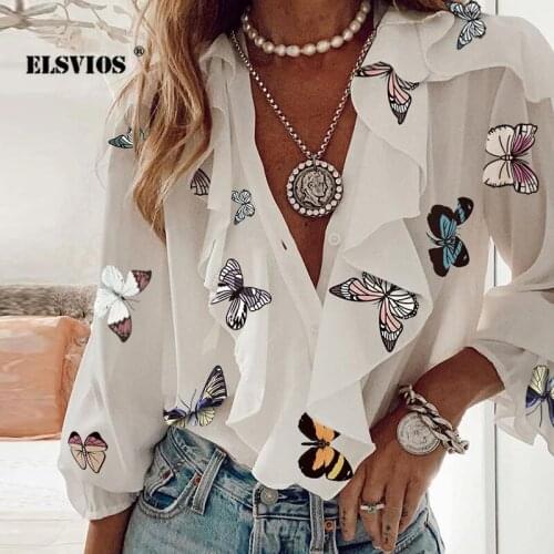 2021 New Sexy Women V Neck Butterfly Print Chiffon Shirts Long Sleeves Tops Casual Summer Loose Elegant Office Lady Party Blouse