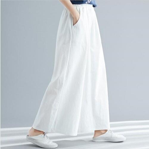 2020 Women Vintage Wide Leg Pants Spring Solid Cotton Linen Trousers Elastic Waist Loose Long Pants Large Size M-7XL