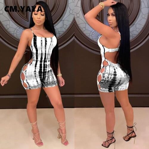 CM.YAYA Gradient Tie Dye Backless Womens Playsuit Sexy Bach Spaghetti Strap Lace Up Side Romper Outfits