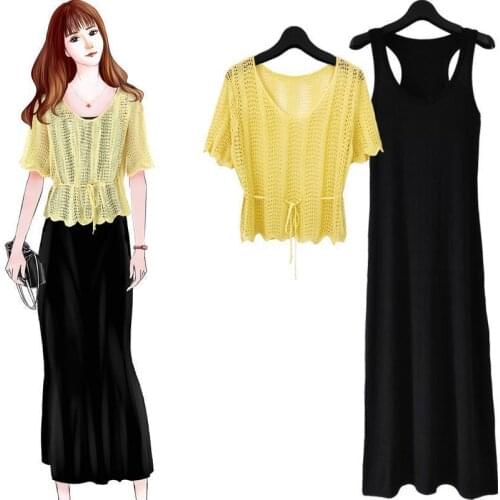 Women 2021 Summer 2 Piece Set Female Fashion Hollow Out Long Sleeve Knit Pullover Top + Spaghetti Dress Casual Sets Suits K57