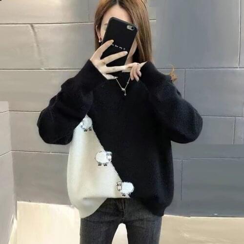 2021 New Autumn Sweater Women Casual O Neck Lovely Sheep Embroidery Splicing Pullover Sweaters Korean Loose Thick Knitted Jumper