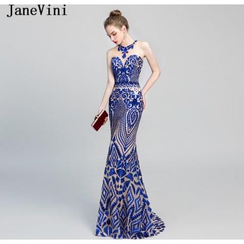 JaneVini Sparkle Royal Blue Sequins Long Evening Dresses for Women Sleeveless Mermaid Sweep Train Formal Party Gowns Robe Longue