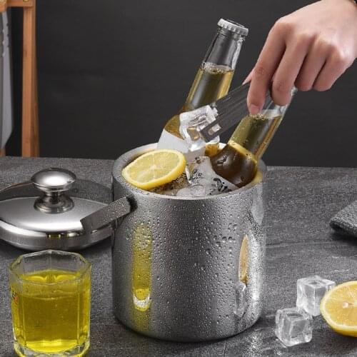 1.3L Ice Bucket with Lid and Strainer Stainless Steel Ice Bucket Double-wall Ice Cube Container For Kitchen Bar