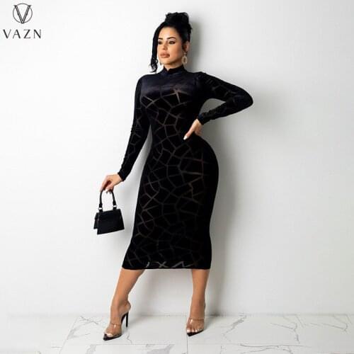 VAZN 2021 Autumn Sexy High Quality Sweet Mature Long Dress Sexy Full Sleeve High Waist Midi Dress Young Vestidos For Female