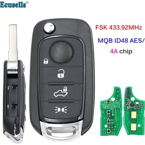 4 Buttons Flip Remote Key FSK 433.92MHz Megamos MQB ID48 AES or 4A Chip for Fiat Egea Tipo 500X 2016 2017 2018 Uncut SIP22 Blade