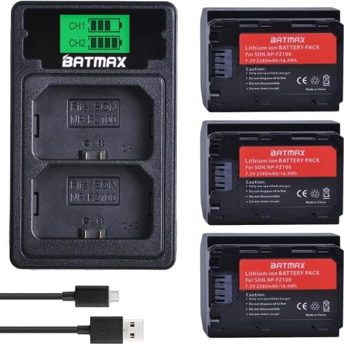 Batmax NP-FZ100 NPFZ100 Battery+LCD Dual Charger with Type C Port for Sony Alpha 9 A9 9R A9R 9S A9S A7RIII A7R3 7RM3 A7m3 BC-QZ1