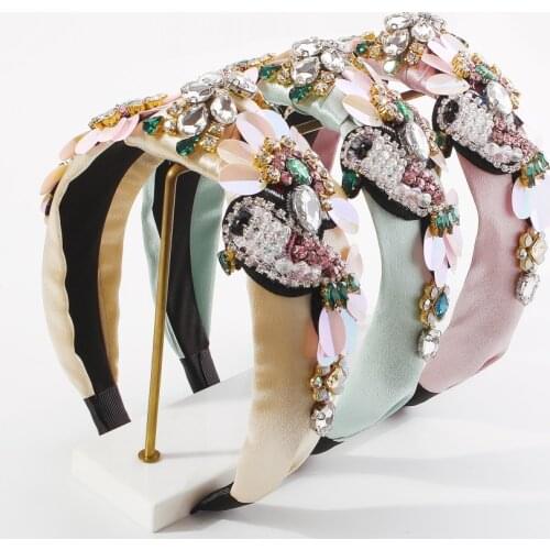 Sequins Wide Knot Headband Women Vintage Green Rhinestone Headbands Embroidery Stain Hairband Bohemian Hair Accessories Gifts