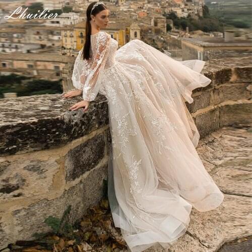 Lhuilier Elegant A-line Pleated Tulle Wedding Dresses 2020 Lace Appliques Full Sleeves Bridal Dress Sweep Train
