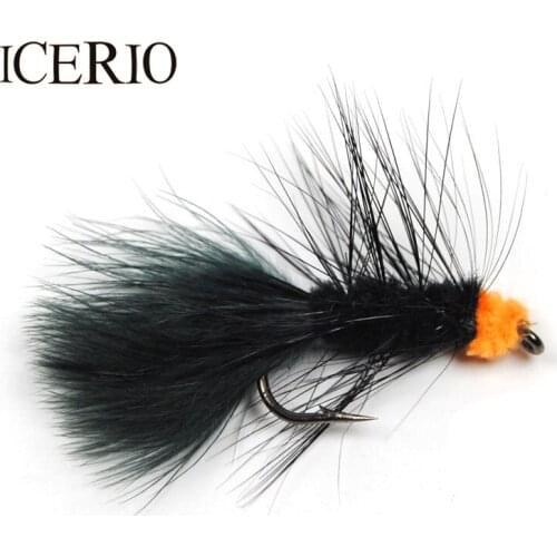ICERIO 8PCS #6 Black Body Orange Egg Sucking Leech Streamer Flies Salmon Fly Fishing Lures
