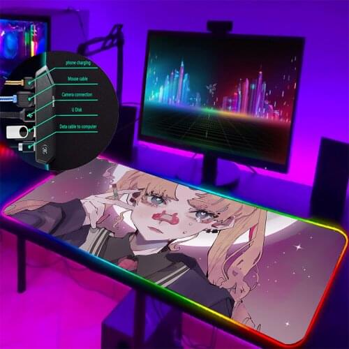 LED RGB Anime Girl Large Size Laptop Gaming Mousepad XXL Non-slip Rubber Gamer Kawaii Carpet 4USB-HUB Moon Girl Anime Mousepad