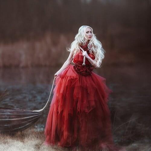 Red Maternity Gown for Photoshoot Kimono Tiered Ruffled A Line Handmade Flowers Puffy Tulle Long Sleeves Cloak Maternity Dress