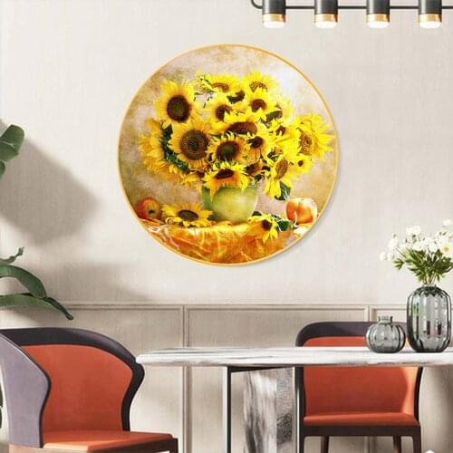 Round Sunflower DIY Cross Stitch 11CT Embroidery Kit Needlework Craft Set Cotton Thread Printed Canvas Home Decoration Design
