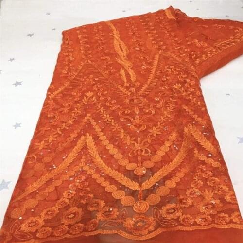 2021 Orange Latest Sequins Design African French Net Lace Fabrics High Quality Nigerian Women Sequined Embroidered Sewing