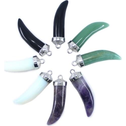 Natural Stone Pendant Horn Aventurine Onyx Amethyst Opal For Jewelry Making Necklace DIY 2PCS