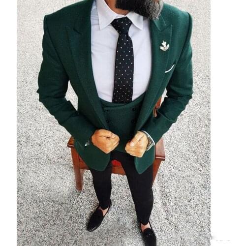 Tailor Made Men Suits 2021 Dark Green Blazer Three Piece Jacket Black Pants Vest Slim Fit Groom Wedding Tuxedos