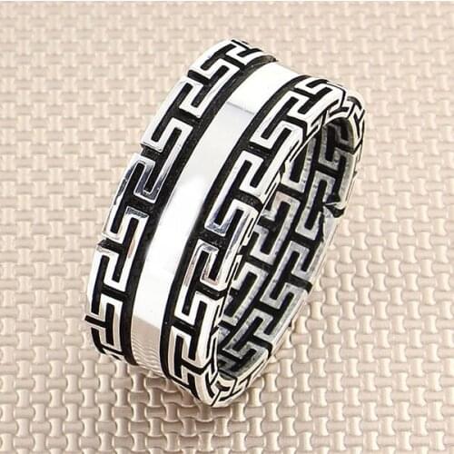 Men Silver Bands Ring With Geometric Motif Wedding Ring Engagement Silver Spinner Ring Made in Turkey Solid 925 Sterling Silver