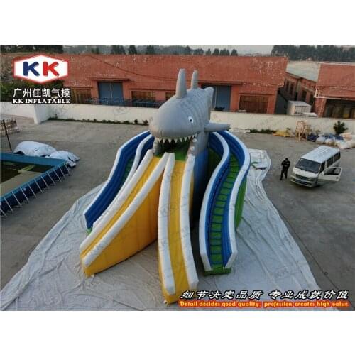 Giant Shark Inflatable Water Slide with Double Slip Rail For Commercial Pool Play Games
