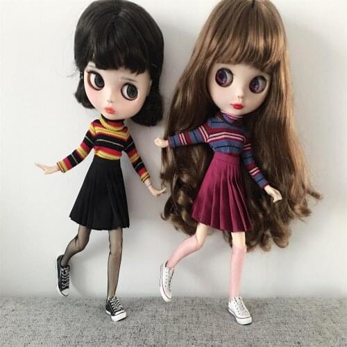 New Fashion Stripe collar T-shirt Cute Pleated Skirt purple fur hat for blyth azone s ob24 1/6 doll accessories Clothes for doll
