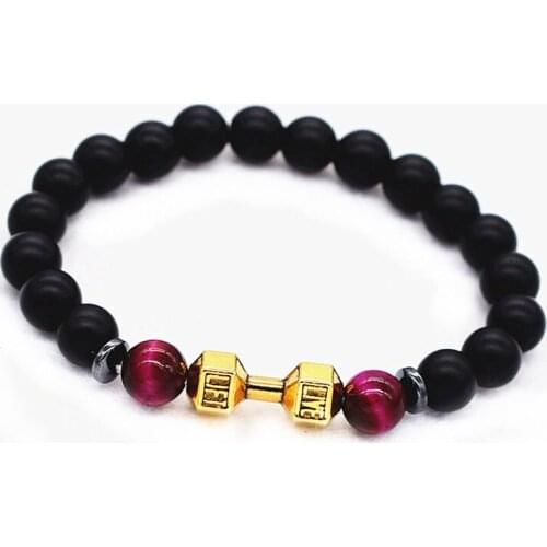 Wholesale New Hot alloy barbell 8mm natural matte stone fashion bracelets for men women fitness dumbbells yoga jewelry