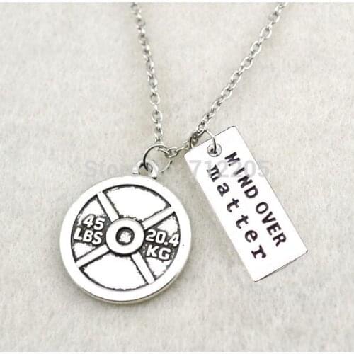Fitness Weightlifting jewelry Vintage Circle 45LBS 20.4KG Weight Plate and MIND OVER matter Gym necklace