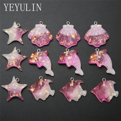 10pcs/lot Glitter Resin Dolphin Shell Starfish Charms Pink Blue Pendants DIY Necklace Earrings For Jewelry Making Accessories