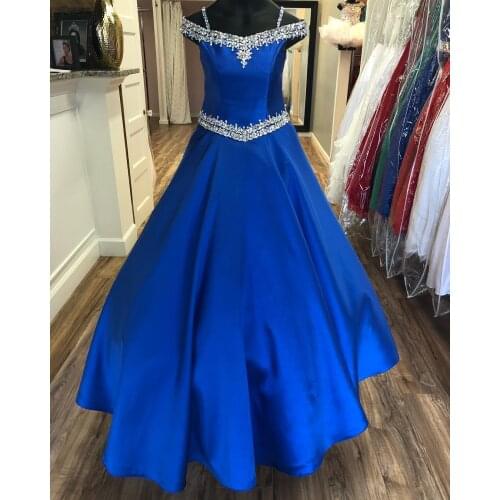 Little Miss Pageant Dress for Teens Juniors Toddlers 2021 Beading AB Stone Crystal Royal Satin Pageant Gown Girl Formal Party
