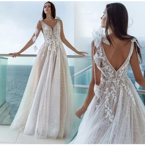 Deep V Neck Wedding Dresses Special Design Lace A Line Bridal Gown 2021 Appliques Beach Boho Bride Dresses Vestido De Noiva