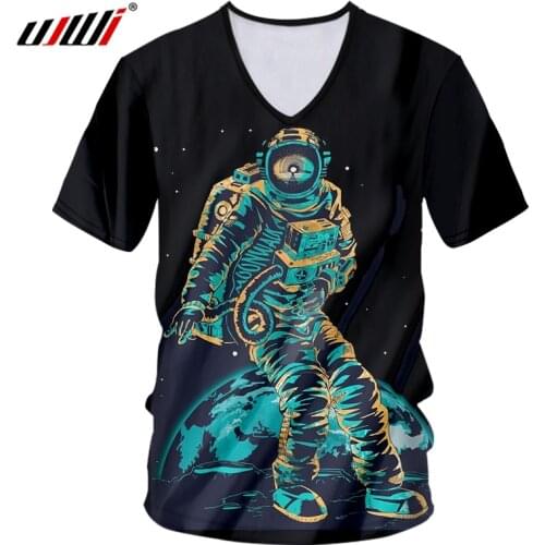 UJWI Unisex Hiphop V Neck Tshirt New Summer Tops Women/mens 3d Print Astronaut T-shirt Man Bodybuilding Fitness Casual T Shirt