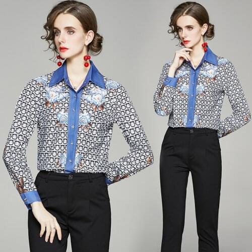 Spring Summer Fall Runway Floral Print Collar Long Sleeve Turn-Down Neck Womens Ladies Party OL Workwear Casual Top Shirt Blouse