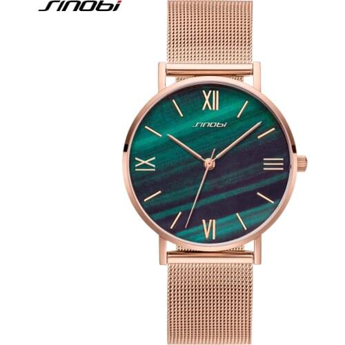 SINOBI Rose gold Luxury Quartz Watches Women Ultra-thin Green Marble & Crystal Dial Clock Wristwatches Reloj Mujer Dropshipping
