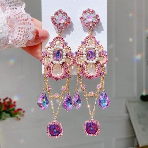 MENGJIQIAO New Korean Luxury Pink Crystal Drop Earrings For Women Girls Fashion Elegant Pearl Beads Jewelry Pendientes Brincos