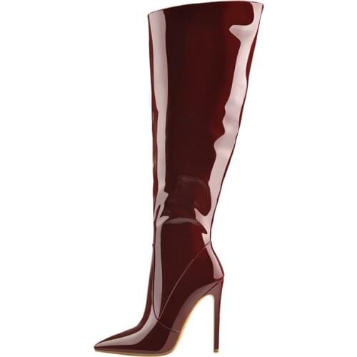 Richealnana Women' Pointed Toe Black And Wine Patent Leather Side Zip Knee Winter Boots Lady knee High Long Big Size Boots
