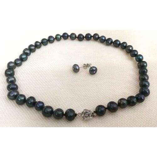 Women Jewelry set 9x10mm black colors natural pearl necklace stud earrings AAA Cultured freshwater pearl 17'' 43cm