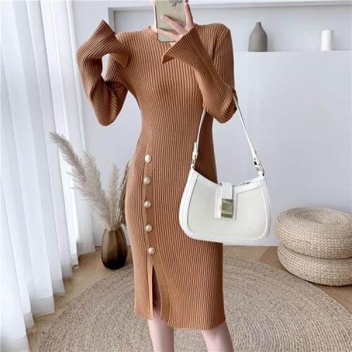 2021 New Autumn Winter Women Thick Sweater Dress Robe Female Knitted Sexy Side Split Single Breasted Slim Dress Vestidos