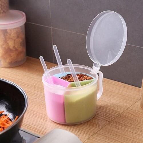 Big Spice Jar Plastic Portable 3-Grid Spice Container Seasoning Box with Spoon & Lid Salt Sugar Seasoning Box Cooking Tool