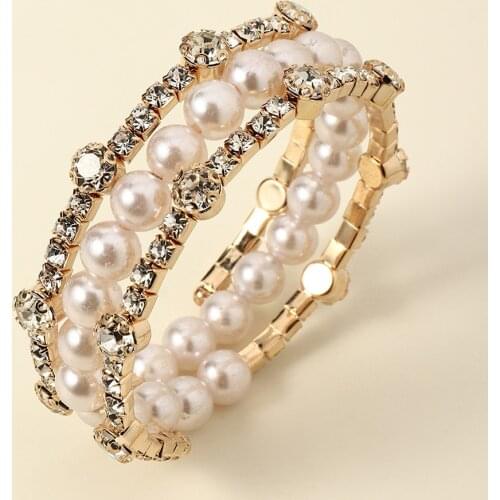 Trendy Elegant Crystal Imitation Pearl Bracelet Multilayer Stretchable Pearl Rhinestone Bracelet for Women Bridal Wedding Party