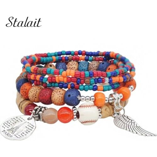 Charm Resin Strand Bracelets Boho String Volcanic Lava Bead Jewer Handmad Wings Pendant Elasticity Bracelets For Women Wholesale