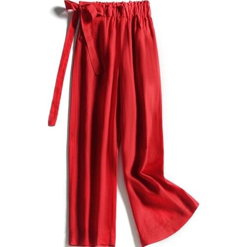 Summer Fashion Womens Elastic High Waisted Bow Wide Leg Loose Black Red Linen Pants , Spring Casual Women Female 3xl Trousers