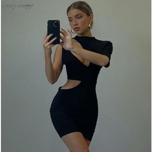 Black One-shoulder Short Sleeved Mini Sexy Low-cut Hollow Bodycon Bandage Dress 2021 Women Elegant Party Dress Vestidos