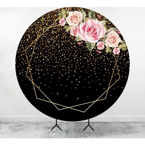 Black Gold Dots Birthday Round Circle Backdrop Custom Background Flower Wedding Party Baby Shower Cake Table Cover Elastic