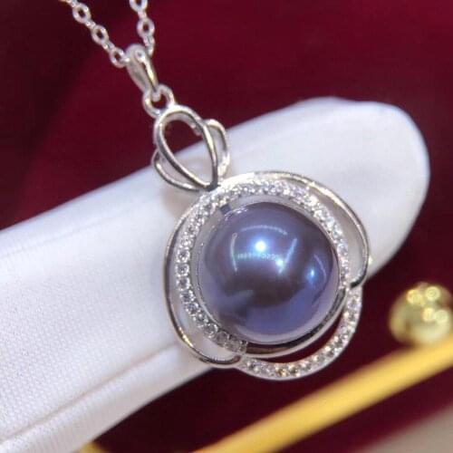 D822 Pearl Pendant Fine Jewelry 925 Sterling Silver Round 12-13mm Nature Fresh Water Purple Pearls Pendants Necklaces Presents