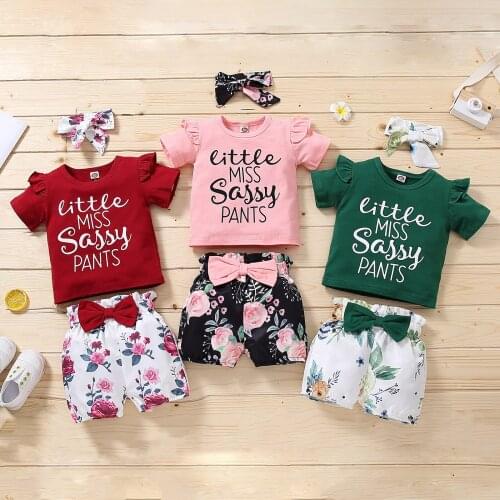 1-5T Toddler Baby Girl Clothes Letter Print Flying Sleeve Tops Bow Floral Shorts Headband 3Pcs Set Outfit Baby Clothing