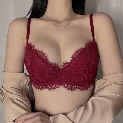 French Ladies Sexy Lace Bra and Panty Set, Large Size Gathering, Thin CDE Cup