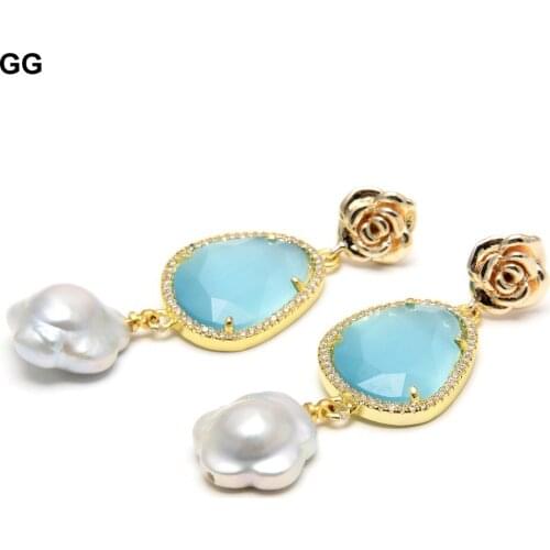 GG Jewelry Natural Cultured White Keshi Flower Pearl Green Crystal Cz Pave Flower Stud Dangle Earrings Cute For Women