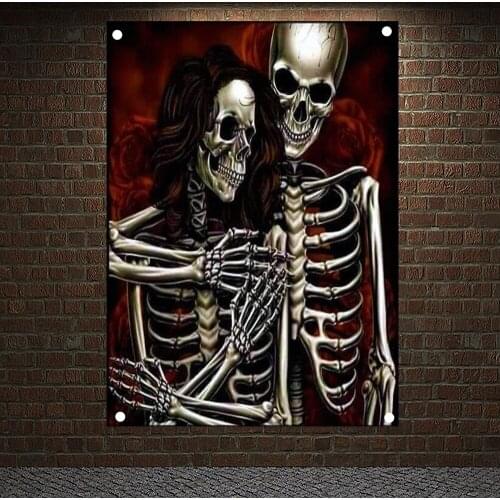 Gothic death images skull Art Posters Wall Sticker Canvas Painting Skeleton Couple Tattoo Banners Flags Flip Chart Home Decor
